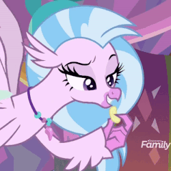 Size: 432x432 | Tagged: safe, screencap, silverstream, g4, she's all yak, animated, cropped, discovery family logo, eating, female, lidded eyes, puffy cheeks, raised eyebrow, solo