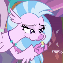 Size: 410x410 | Tagged: safe, screencap, silverstream, hippogriff, g4, she's all yak, animated, chewing, cropped, discovery family logo, eating, eyebrow wiggle, female, lidded eyes, solo