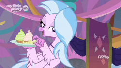 Size: 800x450 | Tagged: safe, screencap, silverstream, hippogriff, g4, she's all yak, amused, animated, chewing, chips, claws, cupcake, discovery family logo, eating, eyebrow wiggle, female, flapping, flying, food, jewelry, lidded eyes, necklace, out of context, pearl necklace, raised eyebrow, silversass, solo, spread wings, talons, teasing, teenager, wings