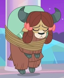 Size: 588x718 | Tagged: safe, screencap, yona, yak, g4, she's all yak, ashamed, cloven hooves, cropped, embarrassed, eyes closed, female, horns, how embarrassing, humiliation, monkey swings, night, poor thing, solo, tied up