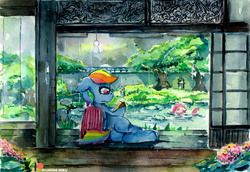 Size: 3320x2284 | Tagged: safe, artist:mashiromiku, pinkie pie, rainbow dash, pony, g4, book, crying, high res, japanese garden, patreon, patreon logo, reading, swimming, traditional art, watercolor painting
