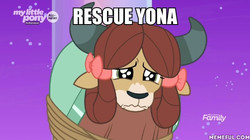 Size: 600x337 | Tagged: safe, edit, edited screencap, screencap, yona, g4, she's all yak, bronybait, cute, damsel in distress, impact font, memeful.com, sad, tied up, yonadorable