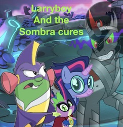 Size: 992x1019 | Tagged: source needed, safe, editor:php77, king sombra, spike, twilight sparkle, alicorn, pony, g4, cover, humdrum costume, larryboy, larryboy the cartoon adventures, masked matter-horn costume, poster, power ponies, twilight sparkle (alicorn), veggietales