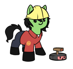 Size: 1151x1081 | Tagged: safe, artist:neuro, oc, oc only, oc:filly anon, earth pony, pony, clothes, cute, engineer, female, filly, hard hat, question mark, roomba, sentry, simple background, team fortress 2, transparent background