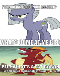 Size: 654x824 | Tagged: safe, edit, edited screencap, editor:undeadponysoldier, screencap, garble, limestone pie, dragon, earth pony, pony, g4, angry, caption, come at me bro, female, image macro, insult, insulting limestone, mare, meme, reference, simple background, smosh, text, text for breezies, the legend of zelda, this will not end well, to be continued, white background, wrong aspect ratio, zelda in real life