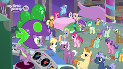 Size: 1920x1080 | Tagged: safe, screencap, applejack, berry blend, berry bliss, bifröst, citrine spark, citrus bit, clever musings, fire quacker, fluttershy, golden crust, goldy wings, hyper sonic, lemon crumble, loganberry, midnight snack (g4), november rain, peppermint goldylinks, pinkie pie, rainbow dash, rarity, sandbar, spike, summer breeze, twilight sparkle, violet twirl, water spout, yona, alicorn, dragon, earth pony, pegasus, pony, unicorn, g4, she's all yak, background pony, butt, colt, crowd, dancing, dj scales and tail, dragon costume, eyeshadow, female, filly, foal, friendship student, makeup, male, mane six, mare, microphone, plot, stallion, twilight sparkle (alicorn), winged spike, wings