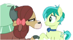 Size: 720x398 | Tagged: safe, edit, edited screencap, screencap, sandbar, yona, earth pony, pony, yak, g4, she's all yak, bow, cloven hooves, discovery family logo, female, hair bow, implied kiss, implied kissing, interspecies, male, monkey swings, ship:yonabar, shipping, simple background, stallion, straight, transparent background