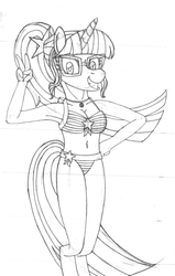 Size: 2126x3339 | Tagged: safe, artist:supra80, sci-twi, twilight sparkle, unicorn, anthro, unguligrade anthro, equestria girls, equestria girls series, forgotten friendship, g4, armpits, belly button, bikini, breasts, clothes, equestria girls ponified, female, geode of telekinesis, glasses, high res, lineart, magical geodes, peace sign, pencil drawing, ponytail, solo, swimsuit, traditional art, unicorn sci-twi