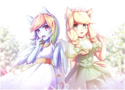 Size: 2779x2000 | Tagged: safe, artist:signiroha, applejack, rainbow dash, human, equestria girls, g4, anime, applebetes, applejack also dresses in style, braid, clothes, cute, dashabetes, dress, duo, eared humanization, female, high res, humanized, jackabetes, lesbian, lolita fashion, looking at each other, looking at you, puffy sleeves, rainbow dash always dresses in style, ship:appledash, shipping, tomboy taming, twin braids, winged humanization, wings