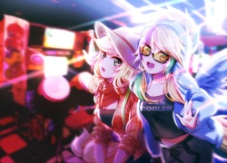 Size: 2779x2000 | Tagged: safe, artist:signiroha, applejack, rainbow dash, human, g4, arcade, clothes, female, glasses, high res, humanized, lesbian, looking at you, midriff, ship:appledash, shipping, shirt, winged humanization, wings