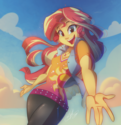 Size: 1161x1200 | Tagged: safe, artist:light262, sunset shimmer, equestria girls, beautiful, clothes, cloud, cropped, cute, female, geode of empathy, looking at you, magical geodes, open mouth, pants, shimmerbetes, shirt, signature, sky, solo