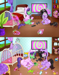 Size: 3338x4239 | Tagged: safe, artist:kaikururu, oc, oc only, oc:crescent star, oc:quantum shift, crystal pony, crystal unicorn, pony, unicorn, adult foal, bed, bedroom, chest, clothes, controller, crib mobile, cute, diaper, diaper fetish, fetish, game, girly, happy, hood, hoof sucking, hypnosis, magic, male, mittens, non-baby in diaper, onesie, open mouth, pajamas, pastel, paws, plant, reality shift, reality warp, sissy, stallion, story included, swirls, swirly eyes, teddy bear, television, toy, transforming clothes, video game