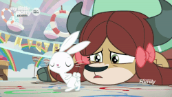 Size: 800x450 | Tagged: safe, screencap, angel bunny, yona, rabbit, yak, g4, season 9, she's all yak, angel is a bunny bastard, angelbetes, animal, animated, bow, cloven hooves, cute, dancing, duo, everyday i'm shufflin', female, frown, hair bow, horns, male, monkey swings, open mouth, running man, smiling, smirk, yona is not amused