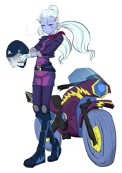 Size: 708x1000 | Tagged: safe, artist:invisibleone11, artist:temporallyhere, color edit, edit, sugarcoat, equestria girls, g4, my little pony equestria girls: friendship games, clothes, colored, costume, crystal prep shadowbolts, female, friendship games motocross outfit, friendship games outfit, gloves, helmet, motocross outfit, motorcycle, motorcycle outfit, shadowbolts costume, simple background, solo, tri-cross relay outfit, white background