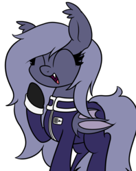 Size: 1562x1977 | Tagged: safe, artist:moonatik, oc, oc only, oc:selenite, bat pony, pony, bat pony oc, clothes, cute, cute little fangs, fangs, gloves, laughing, long mane, military uniform, raised hoof, simple background, solo, transparent background, wings