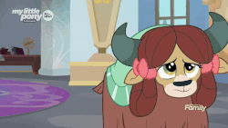 Size: 800x450 | Tagged: safe, screencap, sandbar, yona, earth pony, pony, yak, g4, she's all yak, animated, blushing, cloven hooves, cute, discovery family logo, duo, female, frown, gif, male, nervous, sandabetes, school of friendship, ship:yonabar, shipping, shipping fuel, shy, smiling, stallion, straight, talking, teenager, yonadorable