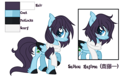 Size: 1280x824 | Tagged: safe, artist:t-aroutachiikun, pegasus, pony, blushing, clothes, colored wings, colored wingtips, ear fluff, ear tufts, frown, hakuouki, leg fluff, looking at you, male, ponified, ponytail, raised hoof, reference sheet, saitou hajime, scarf, simple background, solo, stallion, transparent background, unshorn fetlocks
