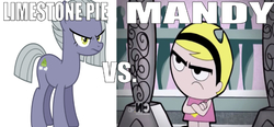 Size: 677x313 | Tagged: safe, edit, edited screencap, editor:undeadponysoldier, screencap, limestone pie, earth pony, human, pony, g4, angry, caption, cartoon network logo, clothes, dress, female, headband, image macro, mandy, mare, simple background, split screen, text, the grim adventures of billy and mandy, vs., white background