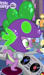 Size: 610x1024 | Tagged: safe, screencap, applejack, november rain, spike, dragon, earth pony, pony, g4, she's all yak, clothes, cropped, dj scales and tail, female, friendship student, male, microphone, offscreen character, tail, winged spike, wings