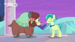 Size: 800x450 | Tagged: safe, screencap, sandbar, yona, earth pony, pony, yak, g4, she's all yak, animated, blushing, bowtie, cloven hooves, embarrassed, female, gif, happy, hoof hold, male, shipping fuel, smiling, stallion, surprised, talking, teenager, treehouse of harmony