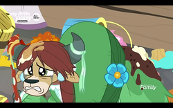 Size: 1280x800 | Tagged: safe, screencap, yona, yak, g4, season 9, she's all yak, clothes, crying, discovery family, discovery family logo, dress, female, letterboxing, logo, poor yona, sad, solo