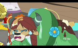 Size: 1280x800 | Tagged: safe, screencap, yona, yak, g4, season 9, she's all yak, crying, discovery family, discovery family logo, eyes closed, female, letterboxing, logo, open mouth, poor yona, solo