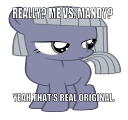Size: 750x702 | Tagged: safe, editor:undeadponysoldier, limestone pie, earth pony, pony, g4, blank flank, female, filly, implied mandy, looking back, roast to self, sarcasm, simple background, solo, text, the grim adventures of billy and mandy, unamused, white background, younger