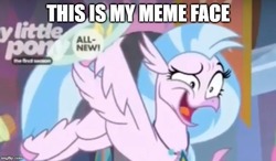 Size: 652x382 | Tagged: safe, edit, edited screencap, screencap, silverstream, classical hippogriff, hippogriff, g4, she's all yak, caption, cropped, cute, diastreamies, faic, female, image macro, meme, solo, text, you look so weird
