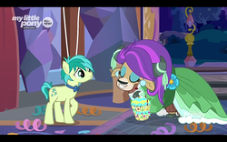 Size: 1280x800 | Tagged: safe, screencap, sandbar, yona, earth pony, pony, yak, g4, season 9, she's all yak, bowtie, cloven hooves, colt, discovery family, discovery family logo, duo, female, foal, letterboxing, logo, male, stallion, teenager