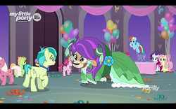 Size: 1280x800 | Tagged: safe, screencap, fluttershy, rainbow dash, rarity, sandbar, yona, earth pony, pegasus, pony, unicorn, yak, g4, she's all yak, alternate hairstyle, balloon, bowtie, clothes, cloven hooves, cute, dancing, dress, ear piercing, earring, female, jewelry, male, mare, piercing, puffy sleeves, stallion, streamers, teenager, yonadorable