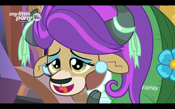 Size: 1280x800 | Tagged: safe, screencap, yona, yak, g4, season 9, she's all yak, alternate hairstyle, clothes, cloven hooves, discovery family, discovery family logo, dress, ear piercing, earring, female, jewelry, letterboxing, logo, open mouth, piercing, solo