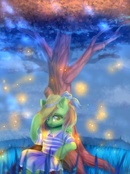 Size: 2048x2732 | Tagged: safe, artist:alphadesu, oc, oc only, oc:watermelon success, firefly (insect), pony, clothes, dress, ear fluff, hat, high res, night, solo, tree