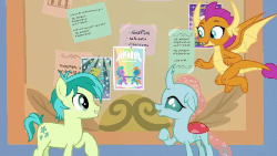 Size: 800x450 | Tagged: safe, screencap, ocellus, sandbar, smolder, changedling, changeling, dragon, earth pony, pony, g4, she's all yak, animated, bulletin board, changeling magic, disguise, disguised changeling, dragoness, extended trot pose, female, flying, freckles, male, pony ocellus, pose, shapeshifting, stallion, thumbs up, transformation, wings, written equestrian