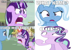 Size: 678x471 | Tagged: safe, edit, edited screencap, editor:undeadponysoldier, screencap, starlight glimmer, trixie, pony, unicorn, all bottled up, g4, the cutie map, angry, caption, discovery family logo, female, funny, funny as hell, image macro, lord moldybutt, mare, meme, misspelling, oops, quiet, ragelight glimmer, reference, s5 starlight, text, the grim adventures of billy and mandy, vein, vein bulge, wrong aspect ratio, yelling