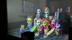 Size: 1920x1080 | Tagged: safe, artist:razethebeast, applejack, fluttershy, pinkie pie, rainbow dash, rarity, sunset shimmer, twilight sparkle, equestria girls, g4, my little pony equestria girls: rainbow rocks, 3d, clothes, couch, cowboy hat, food, freckles, hat, humane five, indoors, pajamas, pants, popcorn, slippers, smiling, source filmmaker, stetson, television, twilight sparkle (alicorn), upside down, watching