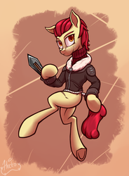 Size: 1400x1900 | Tagged: safe, artist:hc0, apple bloom, earth pony, pony, g4, blade, bomber jacket, clothes, female, jacket, older, scar, solo, sweater