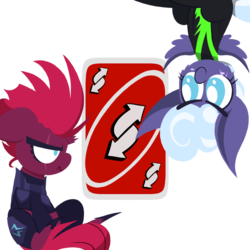 Size: 1000x1000 | Tagged: safe, artist:dragonpone, derpibooru exclusive, rolling thunder, tempest shadow, pegasus, pony, unicorn, the washouts (episode), angry, blush sticker, blushing, broken horn, card, cheek fluff, clothes, duo, eye scar, female, floppy ears, frown, horn, lineless, mare, scar, simple background, sitting, smiling, transparent background, uniform, uno, uno reverse card, upside down, washouts uniform
