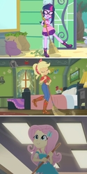 Size: 1075x2151 | Tagged: safe, edit, screencap, applejack, fluttershy, twilight sparkle, equestria girls, equestria girls series, five to nine, g4, my little shop of horrors, so much more to me, applejack's bedroom, clothes, eyes closed, female, geode of fauna, geode of super strength, geode of telekinesis, glasses, hairpin, magical geodes, shorts