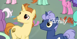 Size: 732x377 | Tagged: safe, screencap, golden crust, midnight snack (g4), pony, unicorn, g4, she's all yak, background pony, cropped, duo, friendship student, male, offscreen character, ponies standing next to each other, smiling, stallion