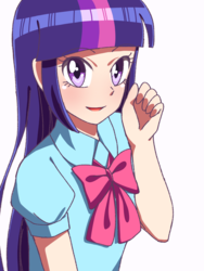 Size: 1080x1440 | Tagged: safe, artist:tastyrainbow, derpibooru exclusive, twilight sparkle, human, equestria girls, g4, anime, blushing, bust, cute, female, humanized, looking at you, smiling, solo, twiabetes