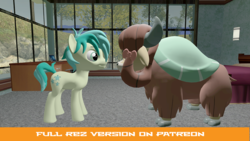Size: 1280x720 | Tagged: safe, artist:andrescortez7, sandbar, yona, earth pony, pony, yak, g4, 3d, bow, cloven hooves, female, hair bow, interspecies, male, monkey swings, patreon, patreon preview, ship:yonabar, shipping, straight