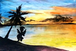 Size: 3447x2322 | Tagged: safe, artist:liaaqila, rainbow dash, pony, g4, beach, female, high res, palm tree, scenery, silhouette, solo, sunset, traditional art, tree, water