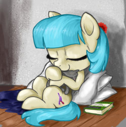 Size: 1197x1200 | Tagged: safe, artist:t72b, derpibooru exclusive, coco pommel, cat, earth pony, pony, g4, book, cocobetes, cozy, cute, eyes closed, female, flower, flower in hair, happy, hug, lying, pillow, sleeping, snuggling, solo
