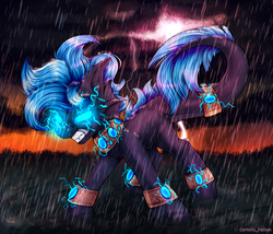 Size: 3500x3000 | Tagged: safe, artist:cornelia_nelson, oc, oc only, dracony, dragon, hybrid, pony, angry, bracelet, gem, glowing, glowing eyes, high res, jewelry, lightning, long tail, male, necklace, open mouth, ponified, rain, solo, storm