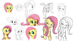 Size: 600x338 | Tagged: safe, artist:fipoki, fluttershy, pony, g4, angry, blushing, chest fluff, cute, featureless crotch, flower, lidded eyes, multeity, practice, practice drawing, shyabetes, simple background, white background