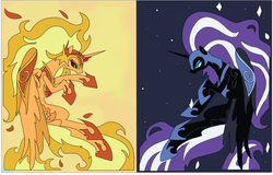 Size: 1200x768 | Tagged: artist needed, source needed, safe, daybreaker, nightmare moon, pony, g4, female