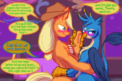 Size: 2400x1600 | Tagged: safe, artist:frist44, applejack, gallus, earth pony, griffon, pony, fanfic:rewarding punishment, g4, blushing, dancing, dialogue, fanfic, female, flirting, galljack, hand on hip, hat, hoof hold, hoof on hip, male, older gallus, prom, punch (drink), punch bowl, quadrupedal, shipping, sky, smug, stars, story included, table, talons, window, wings