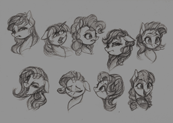 Size: 2353x1672 | Tagged: safe, artist:vanillaghosties, coloratura, pinkie pie, rarity, starlight glimmer, twilight sparkle, earth pony, pony, unicorn, g4, bust, female, lineart, mare, monochrome, simple background, sketch, smiling, traditional art