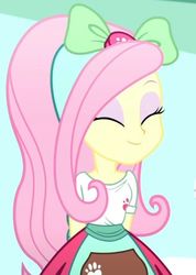 Size: 493x692 | Tagged: safe, screencap, fluttershy, equestria girls, g4, my little pony equestria girls: summertime shorts, pet project, beautiful, bow, cropped, cute, eyes closed, female, hair bow, hands behind back, shyabetes, solo