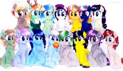 Size: 4003x2322 | Tagged: safe, artist:liaaqila, oc, oc:centreus feathers, oc:chilly willy, oc:cinderheart, oc:cirrus updraft, oc:cottonwood kindle, oc:midnight blossom, oc:mobian, oc:reia hope, oc:rory gigabyte, oc:sea fluff, oc:sunnie bun, oc:sweet mocha, oc:varah bubble, oc:windy whirls, oc:withania nightshade, bat pony, deer, deer pony, earth pony, original species, pegasus, plant pony, pony, unicorn, :i, :p, adorafatty, beanie, belly, belly button, c:, cheek fluff, chest fluff, chubby, chubby cheeks, clothes, colored pupils, cute, ear fluff, eating, fat, feather, feather in hair, female, fluffy, food, freckles, glasses, grin, group photo, hat, high res, hoof fluff, hoof hold, hoof on shoulder, hug, leg fluff, licking, looking at you, male, mare, messy eating, milkshake, neck fluff, ocbetes, one eye closed, open mouth, pancakes, pregnant, puffy cheeks, raised eyebrow, scarf, simple background, smiling, smirk, squee, stallion, tongue out, traditional art, underhoof, unshorn fetlocks, wall of tags, white background, wing fluff, wink